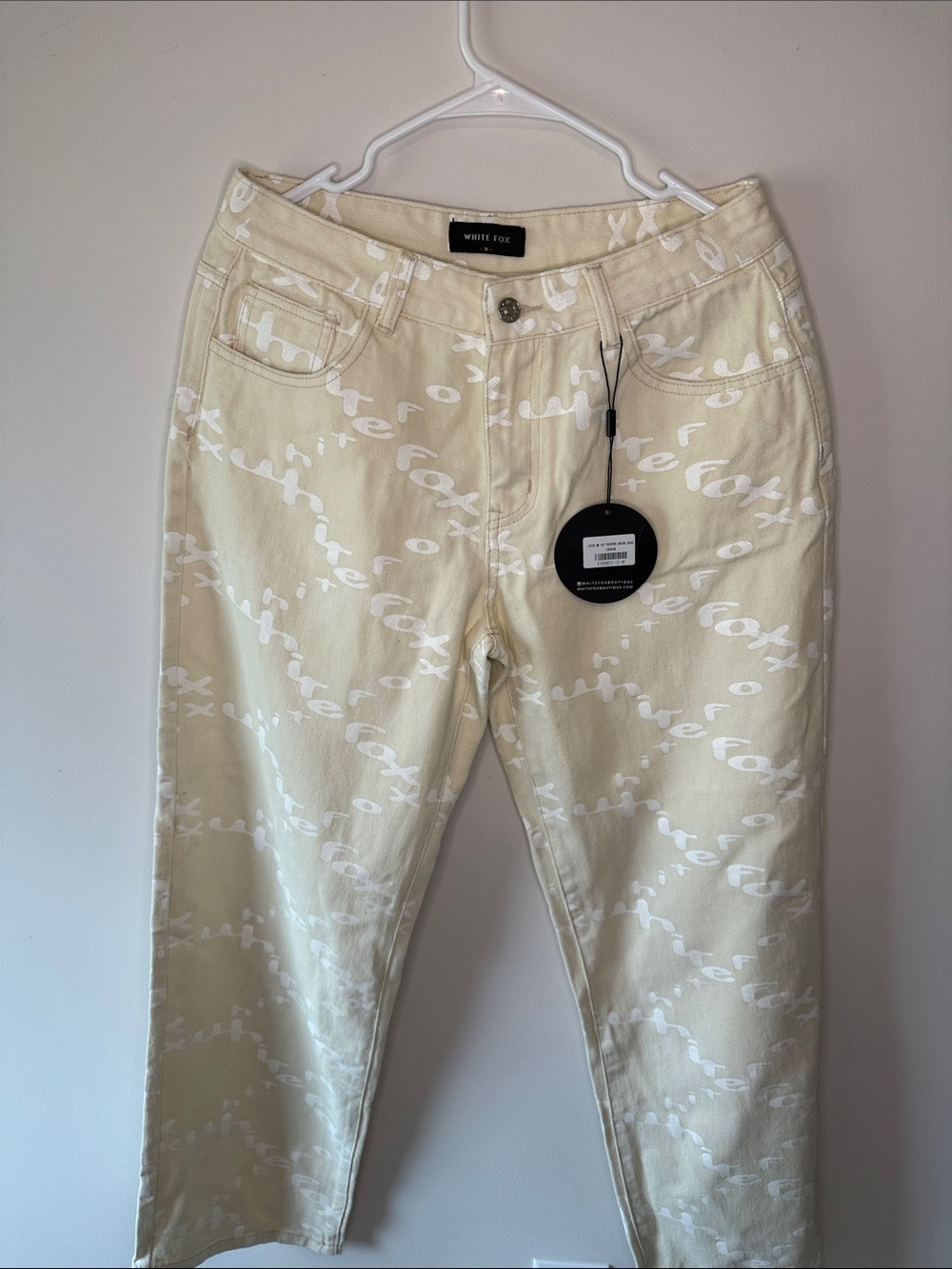 White Fox Boutique Cream Logo-Print Straight Leg Jeans